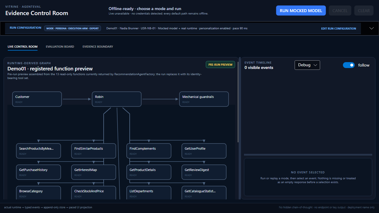 VITRINE control room showing the runtime-derived Demo01 tool graph, live event timeline, inspector, filters, export, and replay controls